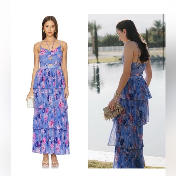 Astr Daytona Pleated Floral Tiered Maxi Dress in Blue & Pink Small $180- - Picture 7 of 15
